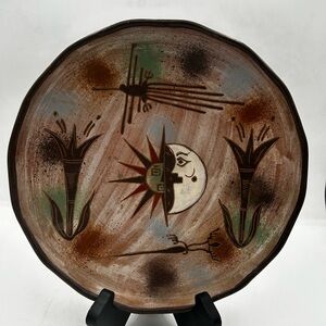 Terracotta Folk Art Sun Moon Handmade/Handpainted Plate Signed Raqchi Peru'